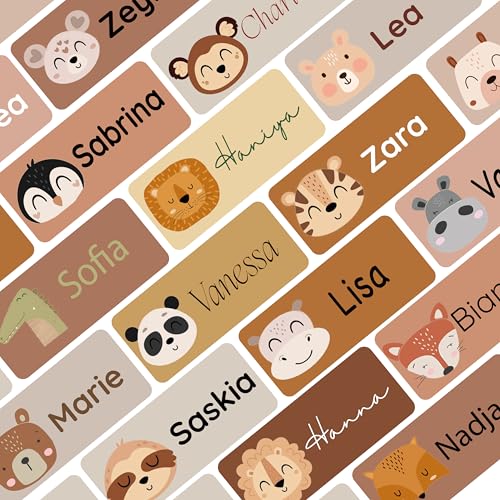 Namensaufkleber Set für Kinder in der Schule (75 Stück), Personalisierte Namensetiketten für Schulsachen, waschmaschinenfest (Cute Animals Face - Tuscany Rose) von Petite Print
