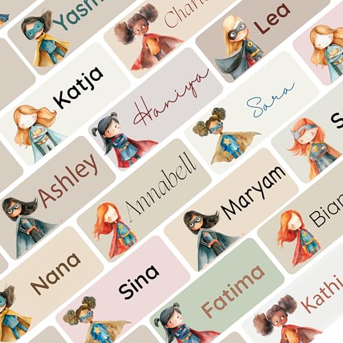 Namensaufkleber Set für Kinder in der Schule (75 Stück), Personalisierte Namensetiketten für Schulsachen, waschmaschinenfest (Superhero Mara) von Petite Print