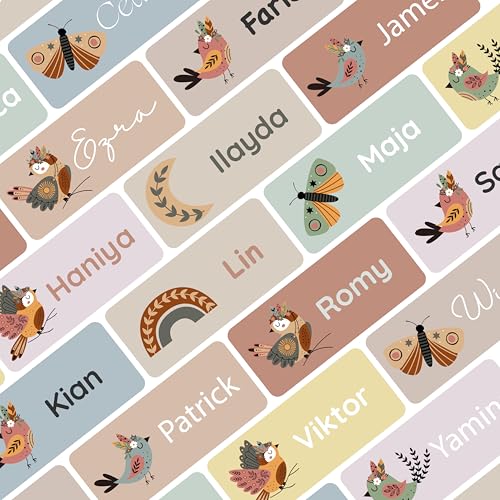 Petite Print® Namensaufkleber für Kinder (75 Stück) Schule, Kindergarten, Kleidung & Gegenstände, Namensetiketten personalisiert mit Namen und waschmaschinenfest (Boho Birds) von Petite Print