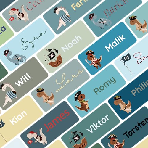 Petite Print® Namensaufkleber für Kinder (150 Stück), Schule, Kindergarten, Kleidung & Gegenstände, Namensetiketten personalisiert mit Namen und waschmaschinenfest (Dino Piraten Seagreen) von Petite Print