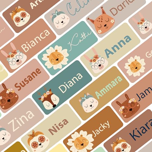 Petite Print®Namensaufkleber für Kinder (225 Stück), Schule, Kindergarten, Kleidung & Gegenstände, Namensetiketten personalisiert mit Namen und waschmaschinenfest (Retro Animal Faces) von Petite Print