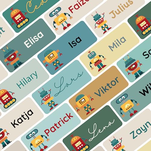 Petite Print®Namensaufkleber für Kinder (75 Stück), Schule, Kindergarten, Kleidung & Gegenstände, Namensetiketten personalisiert mit Namen und waschmaschinenfest (Robot) von Petite Print