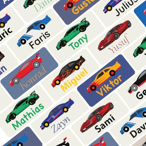 Petite Print® Namensaufkleber für Kinder (150 Stück), Schule, Kindergarten, Kleidung & Gegenstände, Namensetiketten personalisiert mit Namen und waschmaschinenfest (SportsCar) von Petite Print
