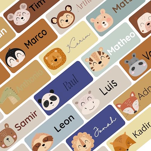 Petite Print® Namensaufkleber Set für Kinder in der Schule (75 Stück), Personalisierte Namensetiketten für Schulsachen, waschmaschinenfest (Cute Animals Face - Whale Blue) von Petite Print