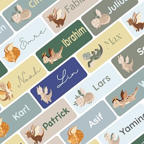 Petite Print® Namensaufkleber für Kinder (75 Stück), Schule, Kindergarten, Kleidung & Gegenstände, Namensetiketten personalisiert mit Namen und waschmaschinenfest (Dragon Peppermint) von Petite Print