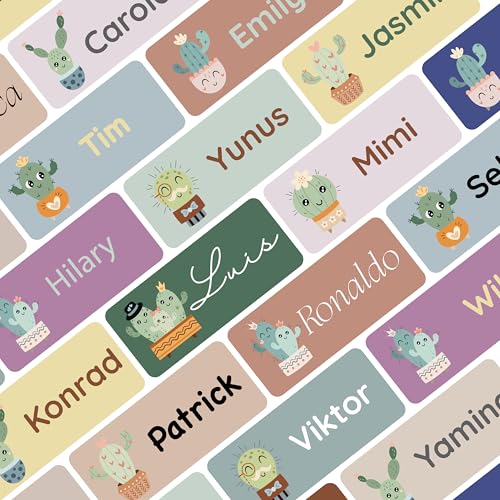 Petite Print® Namensaufkleber für Kinder (225 Stück), Schule, Kindergarten, Kleidung & Gegenstände, Namensetiketten personalisiert mit Namen und waschmaschinenfest (Cacti) von Petite Print