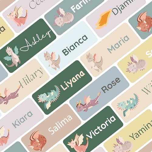 Petite Print® Namensaufkleber für Kinder (225 Stück), Schule, Kindergarten, Kleidung & Gegenstände, Namensetiketten personalisiert mit Namen und waschmaschinenfest (Dragon - Yellow Mellow Multi) von Petite Print