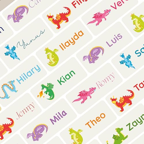 Petite Print®Namensaufkleber für Kinder (75 stück), Schule, Kindergarten, Kleidung & Gegenstände, Namensetiketten personalisiert mit Namen und waschmaschinenfest (Dragon) von Petite Print