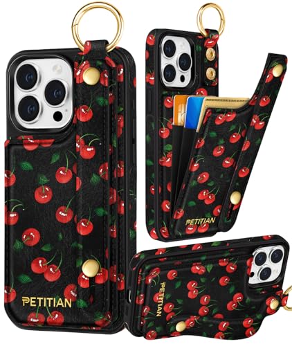 Petitian Promax Schutzhülle für iPhone 14 Pro Max, niedliches mädchenhaftes ästhetisches einzigartiges Design, Leder, Kreditkartenhalter, Kartenhalter, Ständer, Armband für iPhone 14 Pro Max, Kirsche Petitian Promax Schutzhülle für iPhone 14 Pro Max, niedliches mädchenhaftes ästhetisches einzigartiges Design, Leder, Kreditkartenhalter, Kartenhalter, Ständer, Armband für iPhone 14 Pro Max, Kirsche von Petitian