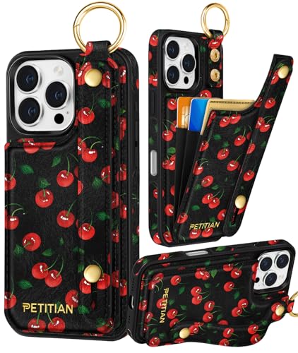 Petitian Promax Schutzhülle für iPhone 16 Pro Max, niedlich, ästhetisch, einzigartiges Design, Leder, Kreditkartenhalter, Ständer, Armband für iPhone 16 Pro Max, Kirschrot Petitian Promax Schutzhülle für iPhone 16 Pro Max, niedlich, ästhetisch, einzigartiges Design, Leder, Kreditkartenhalter, Ständer, Armband für iPhone 16 Pro Max, Kirschrot von Petitian