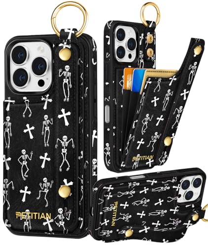 Petitian Promax Schutzhülle für iPhone 16 Pro Max, niedlich, ästhetisch, einzigartiges Design, Leder, Kreditkartenhalter, Ständer, Armband für iPhone 16 Pro Max, Totenkopf Petitian Promax Schutzhülle für iPhone 16 Pro Max, niedlich, ästhetisch, einzigartiges Design, Leder, Kreditkartenhalter, Ständer, Armband für iPhone 16 Pro Max, Totenkopf von Petitian