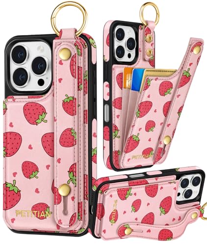Petitian Promax Schutzhülle für iPhone 16 Pro Max, niedliches mädchenhaftes ästhetisches einzigartiges Design, Leder, Kreditkartenhalter, Kartenhalter, Ständer, Armband für iPhone 16 Pro Max, Erdbeere Petitian Promax Schutzhülle für iPhone 16 Pro Max, niedliches mädchenhaftes ästhetisches einzigartiges Design, Leder, Kreditkartenhalter, Kartenhalter, Ständer, Armband für iPhone 16 Pro Max, Erdbeere von Petitian