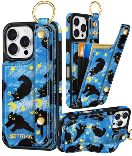 Petitian Promax Schutzhülle für iPhone 16 Pro Max, niedliches mädchenhaftes ästhetisches einzigartiges Design, Leder, Kreditkartenhalter, Kartenhalter, Ständer, Armband für iPhone 16 Pro Max, blaue Petitian Promax Schutzhülle für iPhone 16 Pro Max, niedliches mädchenhaftes ästhetisches einzigartiges Design, Leder, Kreditkartenhalter, Kartenhalter, Ständer, Armband für iPhone 16 Pro Max, blaue von Petitian