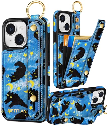 Petitian Schutzhülle für iPhone 14/13, mit Brieftasche, niedliches mädchenhaftes ästhetisches einzigartiges Design, Leder, Kreditkartenhalter, Kartenhalter, Ständer, Armband für iPhone 14/13, blaue Petitian Schutzhülle für iPhone 14/13, mit Brieftasche, niedliches mädchenhaftes ästhetisches einzigartiges Design, Leder, Kreditkartenhalter, Kartenhalter, Ständer, Armband für iPhone 14/13, blaue von Petitian