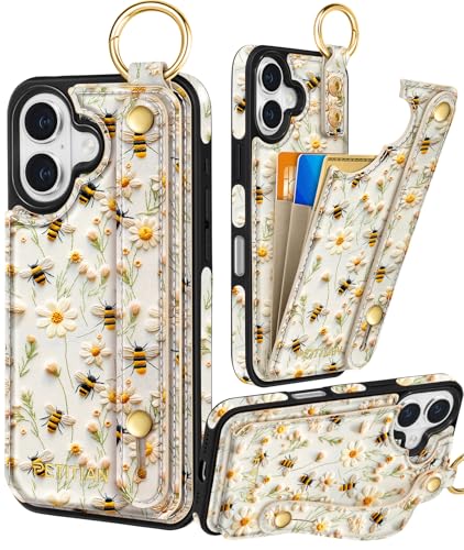 Petitian Schutzhülle für iPhone 16 mit Brieftasche, niedliches mädchenhaftes ästhetisches einzigartiges Design, Leder, Kreditkartenhalter, Kartenhalter, Ständer, Armband für iPhone 16, Blume Petitian Schutzhülle für iPhone 16 mit Brieftasche, niedliches mädchenhaftes ästhetisches einzigartiges Design, Leder, Kreditkartenhalter, Kartenhalter, Ständer, Armband für iPhone 16, Blume von Petitian