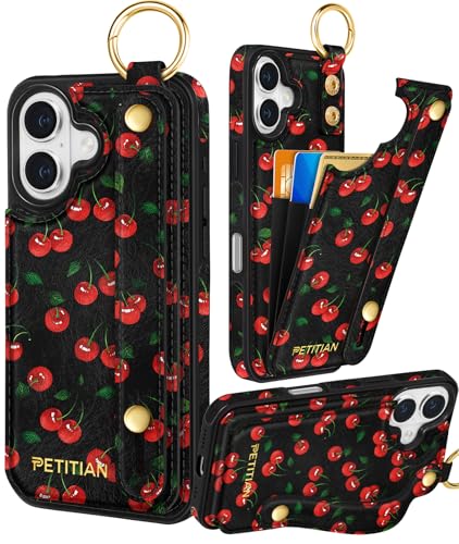 Petitian Schutzhülle für iPhone 16 mit Brieftasche, niedliches mädchenhaftes ästhetisches einzigartiges Design, Leder, Kreditkartenhalter, Kartenhalter, Ständer, Armband für iPhone 16, Kirsche Petitian Schutzhülle für iPhone 16 mit Brieftasche, niedliches mädchenhaftes ästhetisches einzigartiges Design, Leder, Kreditkartenhalter, Kartenhalter, Ständer, Armband für iPhone 16, Kirsche von Petitian