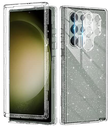 Petocase Hülle für Samsung Galaxy S23 Ultra mit 2 Objektivschutz, klar Glitter Sparkly Bling Heavy Duty stoßfest Hybrid DREI Schicht Schutzhülle Galaxy S23 Ultra 5G 6.8inch von Petocase