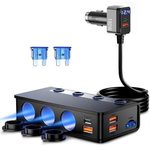 180W 9 IN1 Zigarettenanzünder Verteiler, Auto KFZ Adegerät mit 65W PD & 4 Port QC3.0 kfz Ladegerät USB C Zigarettenanzünder Adapter USB mit LED Licht für iPhone Dash Cam iPad GPS 180W 9 IN1 Zigarettenanzünder Verteiler, Auto KFZ Adegerät mit 65W PD & 4 Port QC3.0 kfz Ladegerät USB C Zigarettenanzünder Adapter USB mit LED Licht für iPhone Dash Cam iPad GPS von Petphil