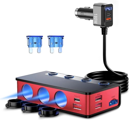 180W 9 IN1 Zigarettenanzünder Verteiler, Auto KFZ Adegerät mit 65W PD & 4 Port QC3.0 kfz Ladegerät USB C Zigarettenanzünder Adapter USB mit LED Licht für iPhone Dash Cam iPad GPS 180W 9 IN1 Zigarettenanzünder Verteiler, Auto KFZ Adegerät mit 65W PD & 4 Port QC3.0 kfz Ladegerät USB C Zigarettenanzünder Adapter USB mit LED Licht für iPhone Dash Cam iPad GPS von Petphil