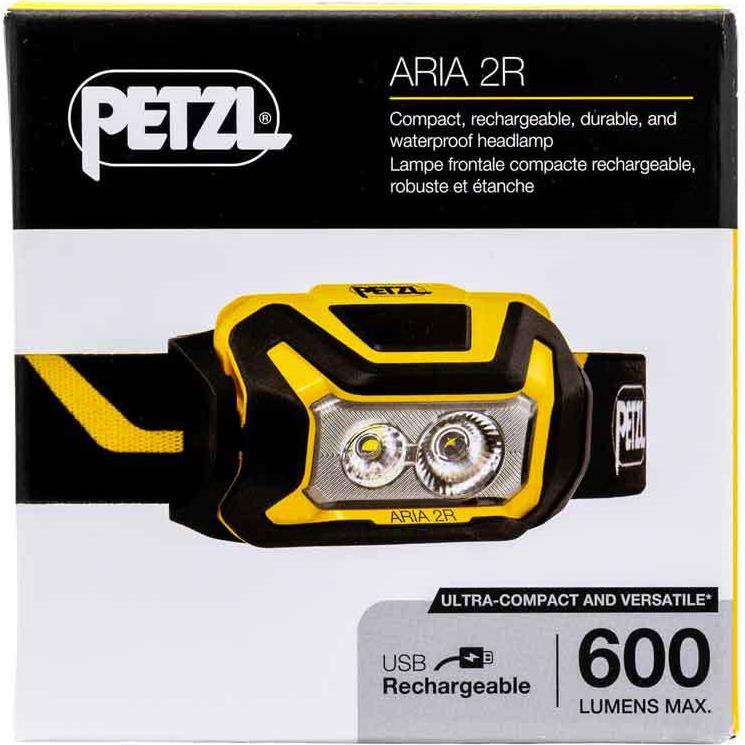 Petzl ARIA 2R Kopflampe Schwarz / gelb Kompakte, wiederaufladbare, robuste und wasserdichte Stirnlampe, deren Licht für die Sicht in der Nähe und die Bewegung ausgelegt ist. 600 Lumen (E071AA00) von Petzl