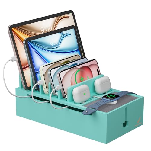 Pezin & Hulin Bambus-Ladeständer, Holz-Ladebox für Handys, Tablets, Smartwatch und Ohrhörer, Kabel-Organizer-Box, Nachttisch-Dock-Ständer (ohne Netzadapter), Blaugrün von Pezin & Hulin