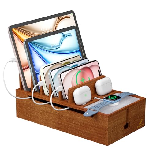 Pezin & Hulin Bambus-Ladeständer, Holz-Ladebox für Handys, Tablets, Smartwatch und Ohrhörer, Kabel-Organizer-Box, Nachttisch-Dock-Ständerhalter (kein Netzadapter), Braun von Pezin & Hulin