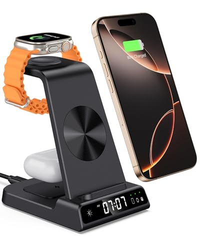 Induktive Ladestation für Apple, 3 in 1 Wireless Charger für iPhone 15/14/13/12/11/Pro/Pro Max/Plus/SE/XR/X, Kabelloses Ladegerät für Apple Watch Ultra 2/9/8/7/6/5 (Schwarz) von Phelinta