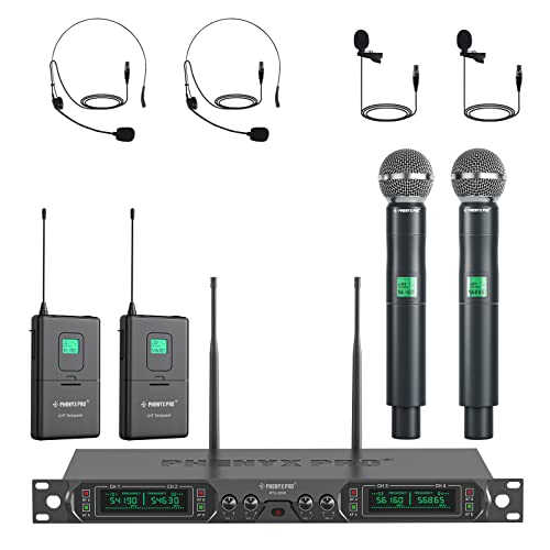 Phenyx Pro 4-Kanal UHF Drahtlos-Mikrofonsystem, Festfrequenz-Mikrofon mit Hand-/Taschen-/Kopfbügel-/Ansteckmikrofonen für Kirche, Karaoke, Gesang, DJ (PTU-5000B) von Phenyx Pro