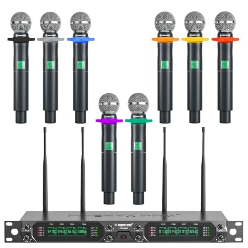 Phenyx Pro Drahtloses Mikrofonsystem, 8-Kanal UHF kabelloses Mikrofon mit Metall-Handmikrofonen, dynamisches Festfrequenz-Mikrofon für Karaoke, Kirche, Gesang, DJ, 260ft Reichweite (PTU-4000-8H) von Phenyx Pro