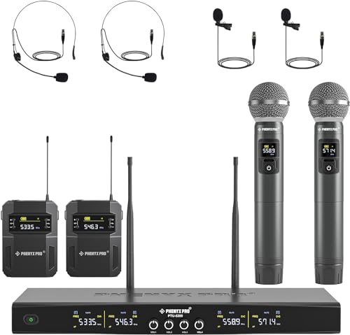 Phenyx Pro Kabelloses Mikrofonsystem, 4-Kanal-kabelloses Mikrofon-Set mit Handheld/Bodypack/Headset/Ansteckmikrofon, schnurloses Mikrofon für Gesang, Karaoke, Kirche (PTU-5200B) von Phenyx Pro