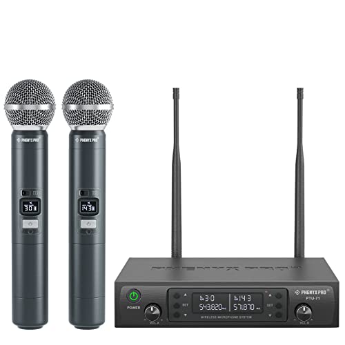 Phenyx Pro Mikrofon Drahtloses Mikrofonsystem, Dynamisches Wireless Funkmikrofon, 2x100 einstellbare UHF Dual Mikrofon, Auto Scan, 328ft Reichweite, Mikrofon für Gesang, Karaoke, Kirche (PTU-71A) von Phenyx Pro