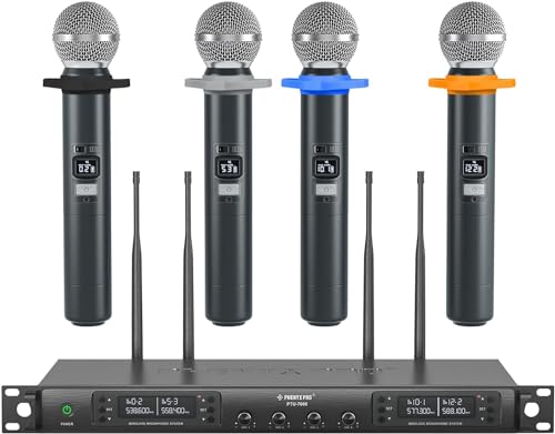 Phenyx Pro Quad Channel Wireless Mikrofon System, 4 Handheld Funkmikrofone, 4x40 Kanäle, Auto Scan, 328ft Reichweite, ideal für Gesang, Kirche, Karaoke (PTU-7000-4H) von Phenyx Pro