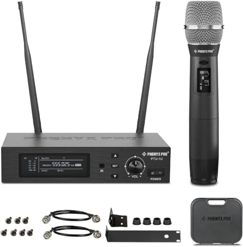 Phenyx Pro True Diversity Wireless Mikrofon System mit 1000 einstellbaren Kanälen, UHF professionelles Mikrofon Set mit Auto-Scan, dynamisches Mikrofon zum Singen, auf der Bühne und im Studio (PTU-1U) von Phenyx Pro