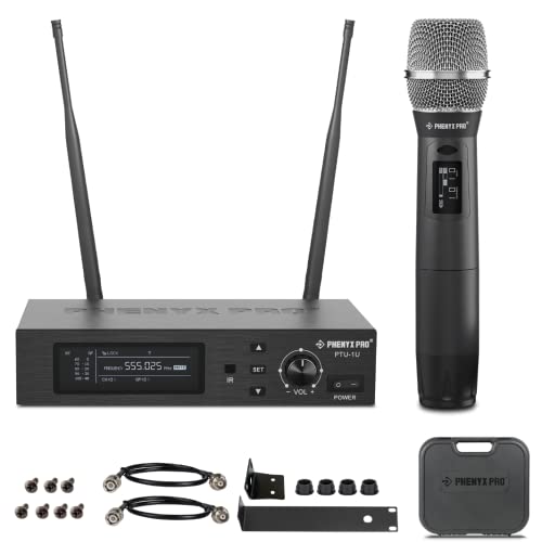 Phenyx Pro True Diversity Wireless Mikrofon System mit 1000 einstellbaren Kanälen, UHF professionelles Mikrofon Set mit Auto-Scan, dynamisches Mikrofon zum Singen, auf der Bühne und im Studio (PTU-1U) von Phenyx Pro