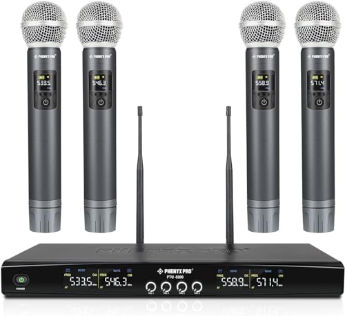 Phenyx Pro Wireless Mikrofon Set mit 4 Funkmikrofonen, 4x25 einstellbare UHF-Frequenzen, 200ft Reichweite, dynamische Mikrofone für Gesang, Karaoke, Kirche, DJ (PTU-5200) von Phenyx Pro