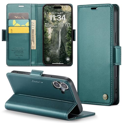 Phernykas Handyhülle für iPhone 16 hülle Leder, Klapphülle mit Standfunktion und Kartenfächern Cover iPhone 16 360 Grad hülle Stoßfeste Flip Case (Blaugrün) von Phernykas