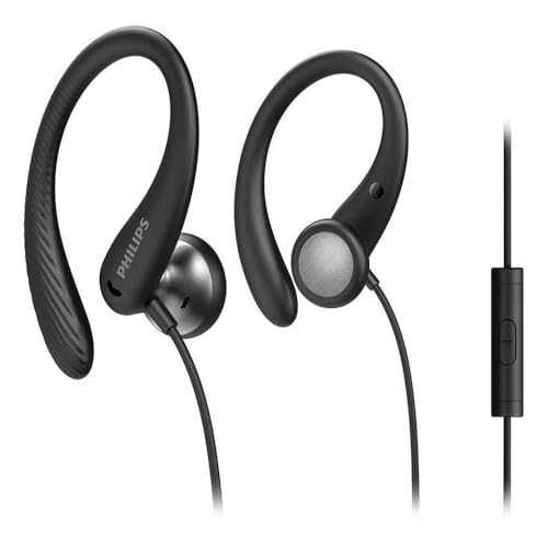 PHILIPS A1105 In-Ear Sport Kabelgebundene Kopfhörer mit Ohrbügel für sicheren Sitz, Tiefe Bässe, Inline-Fernbedienung und Mikrofon, schweißresistent, 3,5 mm Stecker TAA1105BK von PHILIPS