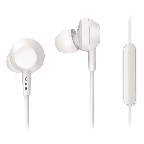Philips Audio In Ear Kopfhörer E4105WT/00 mit Mikrofon (Bass+, Integrierte Fernbedienung, 10-mm-Neodym-Treiber, 3 austauschbare Ohrstöpselkappen, 1.2-m-Kabel), Weiß, einheitsgröße, TAE4105WT/00 von Philips Audio