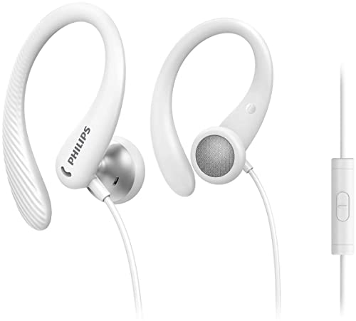 Philips Audio TAA1105WT/00 Sportkopfhörer mit Mikrofon, In Ear Kopfhörer (Flexible Ohrbügel, Bass-Beat-Öffnung, IPX2 schweißresistent, Sicherer Sitz, Inline-Fernbedienung), Weiß, Einheitsgröße von Philips Audio