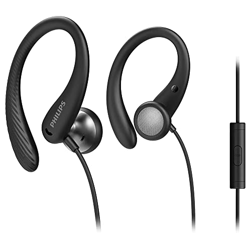 Philips Sportkopfhörer A1105BK/00 mit Mikrofon, Flexible Ohrbügel, Bass-Beat-Öffnung, IPX2 schweißresistent, Sicherer Sitz, Inline-Fernbedienung 2020/2021 Modell, Schwarz, Einheitsgröße von Philips Audio