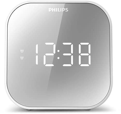 Philips Wecker mit Radio, Radio mit verspiegeltem Display, Digitalradio mit Doppelalarm, Sleep Timer & Schlummer Funktion, tragbar mit Batterie-Backup, Radio mit USB-Anschluss von Philips Audio