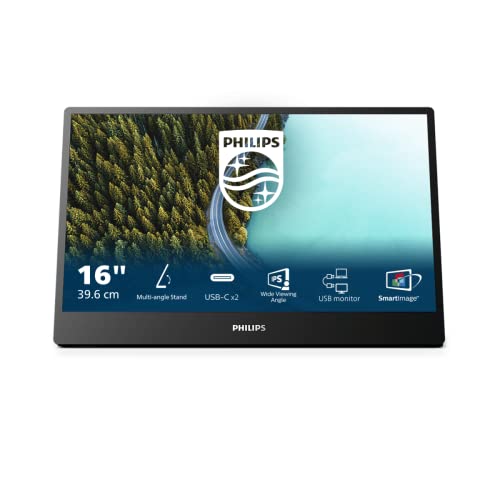 Philips 16B1P3302D - portabler 16 Zoll FHD Business PC Monitor (1920x1080, USB-C Anschluss, Mehrwinkel Standfuss) schwarz von Philips Monitors