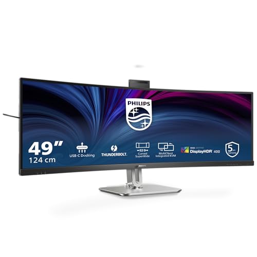 Philips 49B2U6903CH - 49 Zoll DQHD Curved Monitor, Webcam, Mikrofon, RJ45, höhenverstellbar (5120x1440, HDMI, DisplayPort, Thunderbolt 4, USB Hub) schwarz von Philips Monitors
