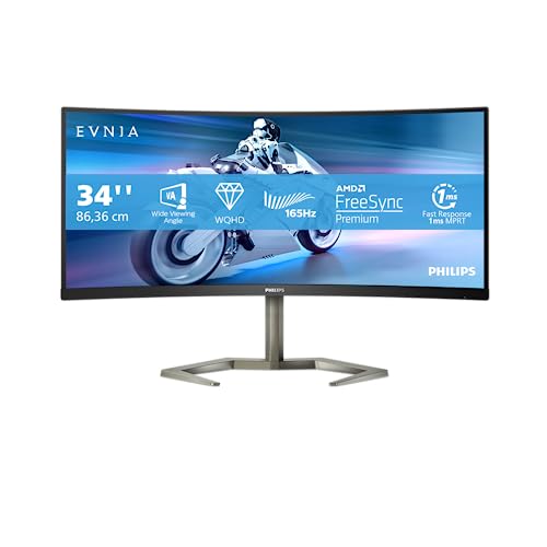 Philips Evnia 34M1C5500VA - 34 Zoll WQHD Curved Gaming Monitor, 1 ms MPRT, 165 Hz, FreeSync Premium, HDR10 (3440x1440, DisplayPort, HDMI, USB Hub) schwarz von Philips Monitors