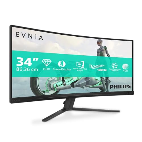 Philips Evnia 34M2C3500L - 32 Zoll WQHD Curved Gaming Monitor, 180 Hz, 0.5 ms, FreeSync Premium, HDR10 (3440x1440, 2X HDMI, DisplayPort) dunkel grau von Philips Monitors