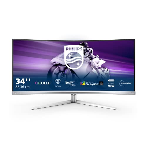 Philips Evnia 34M2C8600 - 34 Zoll WQHD Curved Gaming Monitor, 175 Hz, Ambiglow, HDR400, FreeSync Premium Pro, G-Sync Comp. (3440x1440, 0,1 ms GtG, HDMI, DisplayPort, USB-C, USB Hub) grau/Weiss von Philips Monitors