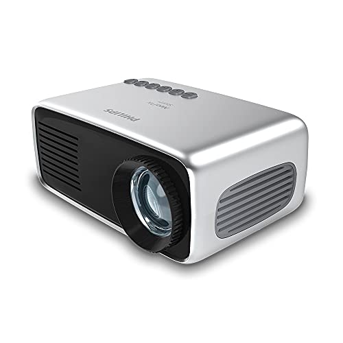 Philips Projection NeoPix Start+, Miniprojektor, 650 LED-Lumen, 60″ Bildgröße, integrierter Media-Player und eingebauter Akku, HDMI, USB, microSD, 3,5-mm-Audioausgang/-Kopfhöreranschluss, Grey von Philips Projection