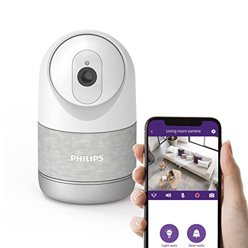 Philips motorisierte Innenkamera mit 2K-Auflösung, verstärkter privater Modus, feine menschliche Erkennung, integrierte Sirene, SD-Karte 8 G inklusive, WelcomeEye Look von Philips Welcome