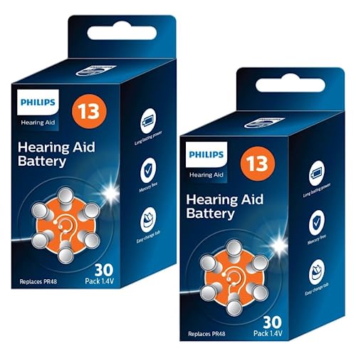 PHILIPS 60 Batterien 1,4 V für Hörgeräte 13 (Hearing Aid Battery) ZA13BX30/00, Premium-Zink-Air-Technologie, maximale Akkulaufzeit, einfache Klappe, Typ PR48 (60 Stück), Orange von Philips