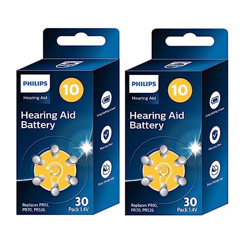 PHILIPS 60 x 1,4 V Hörgerätebatterien 1,4 V für Hörgeräte 10 (Hearing Aid Battery) ZA10BX30/00, Premium-Zink-Air-Technologie, Lange Lebensdauer, einfache Verwendung, Typ PR10, 70 und 536 (60 Stück) von Philips